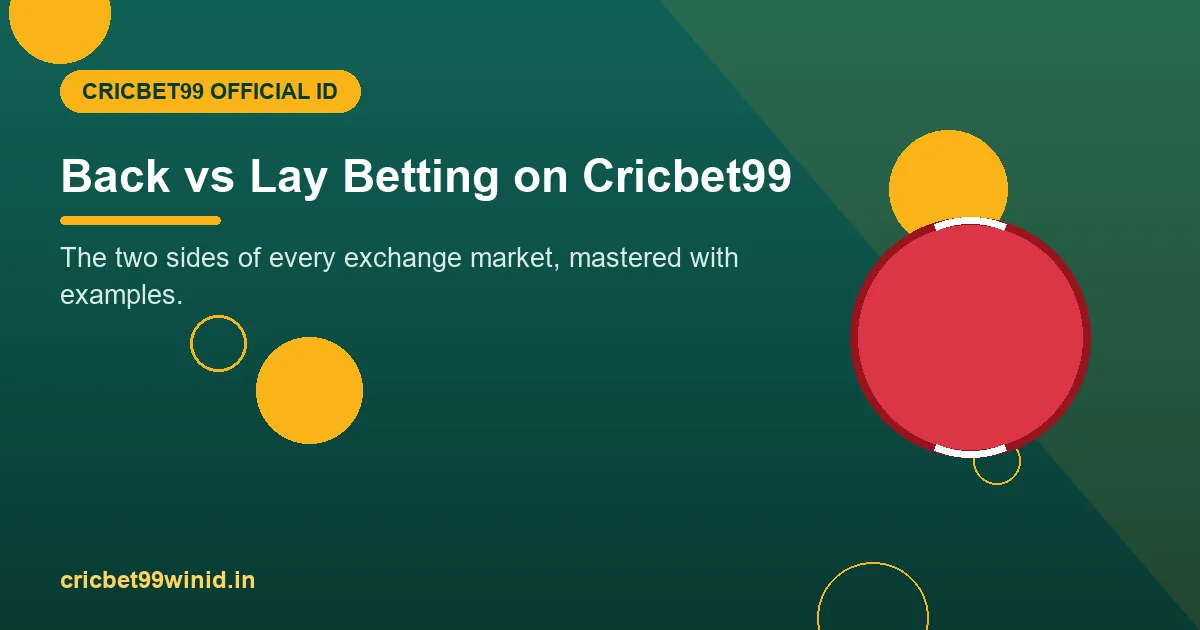 Back versus lay betting guide banner with cricket ball illustration