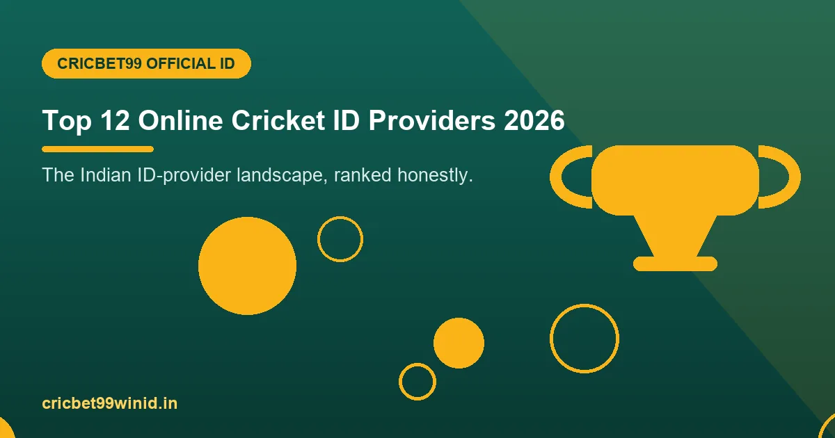 Top 12 cricket ID providers 2026 banner with trophy illustration