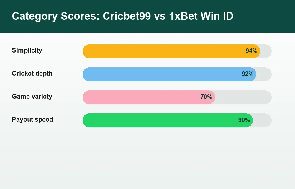 Category score chart Cricbet99 versus 1xBet Win ID